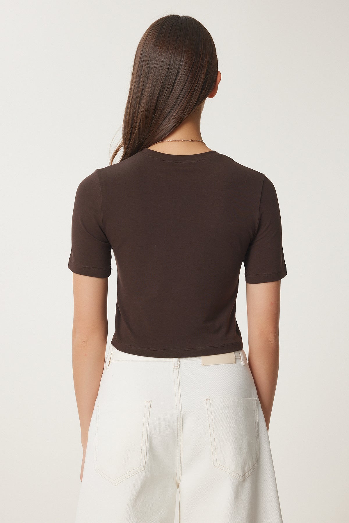 Kahverengi Bisiklet Yaka Crop T-Shirt UB00064