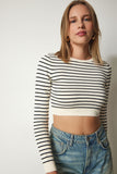 Krem Çizgili Crop Triko Kazak PF00030