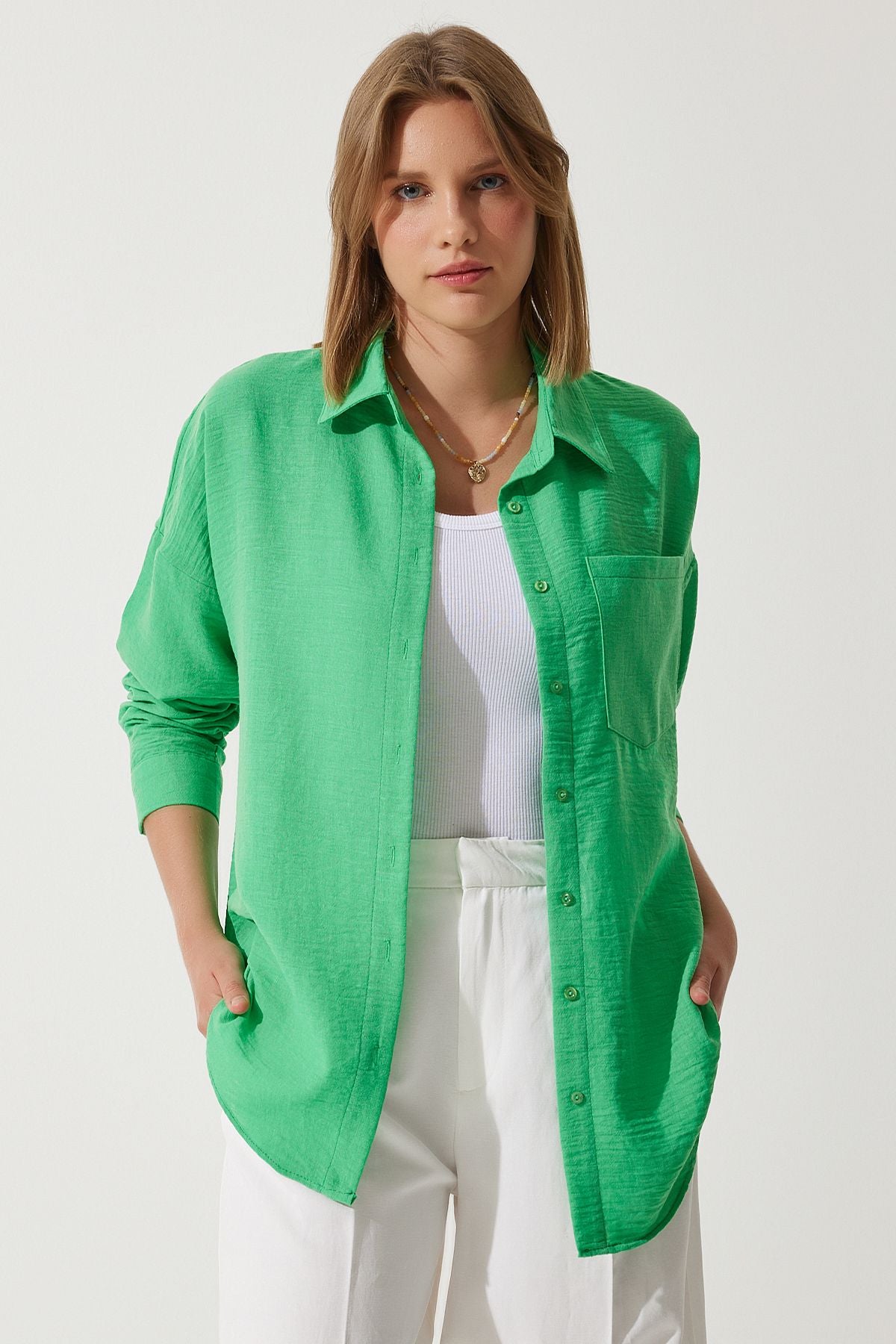 Yeşil Oversize Keten Ayrobin Gömlek DD01222