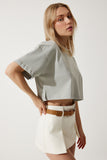 Taş Grisi %100 Pamuk Oversize Crop Örme T-Shirt BP00164
