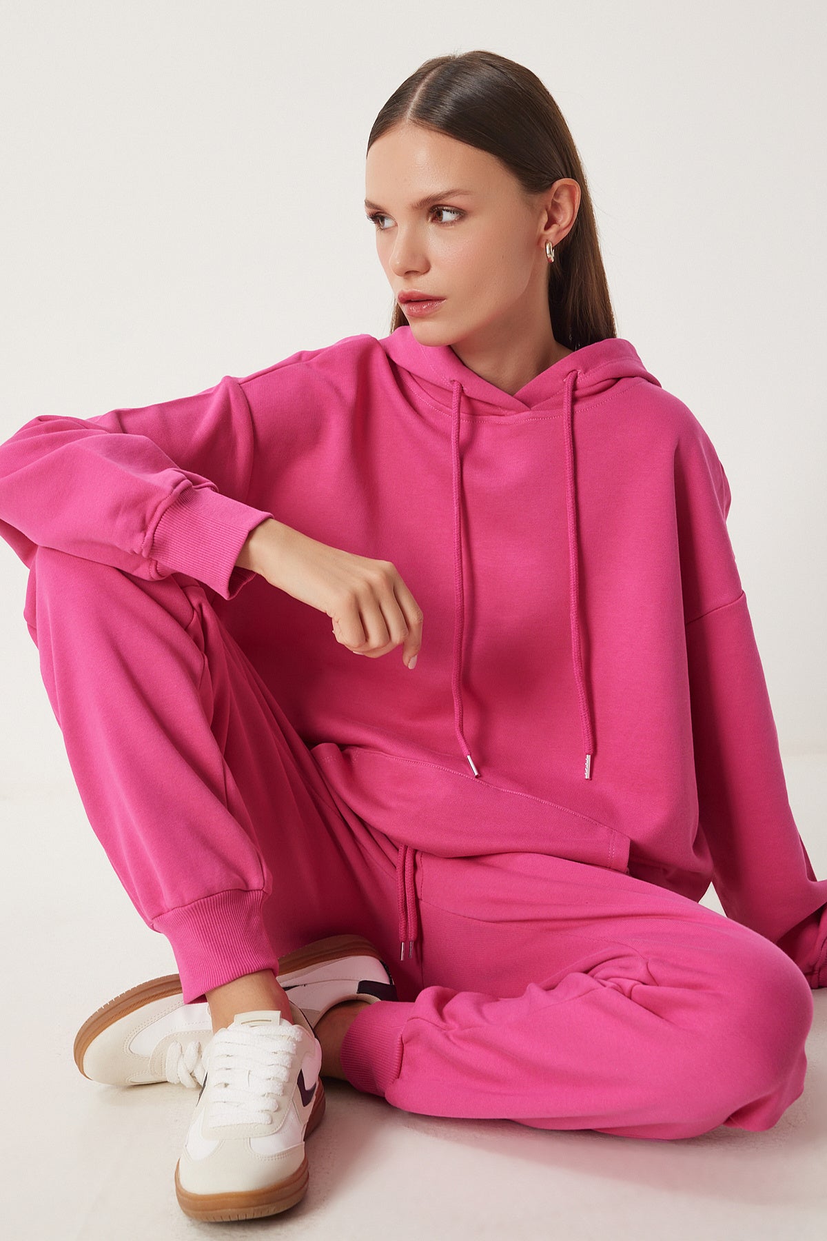 Koyu Pembe Kapüşonlu Sweatshirt Jogger Oversize Örme Eşofman Takımı PYS0027