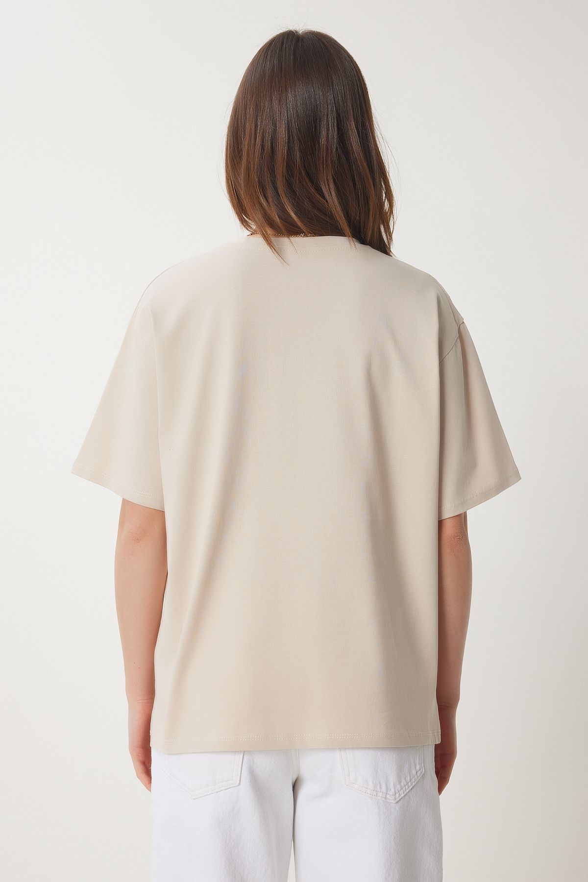 Krem Ayıcık Armalı Pamuklu Oversize Örme T-Shirt CR00461