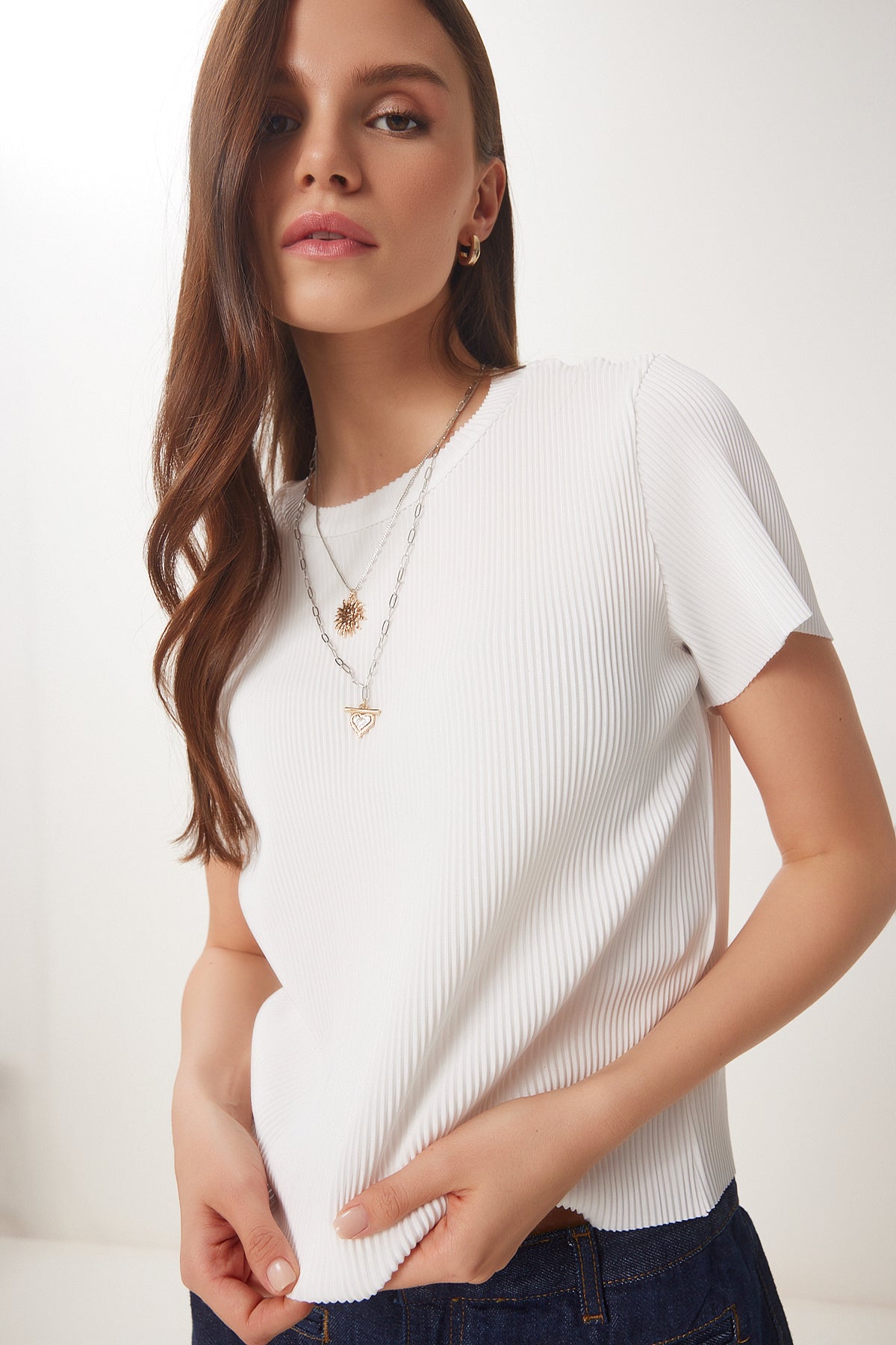 Beyaz Basic Fitilli Örme Bluz HF00468