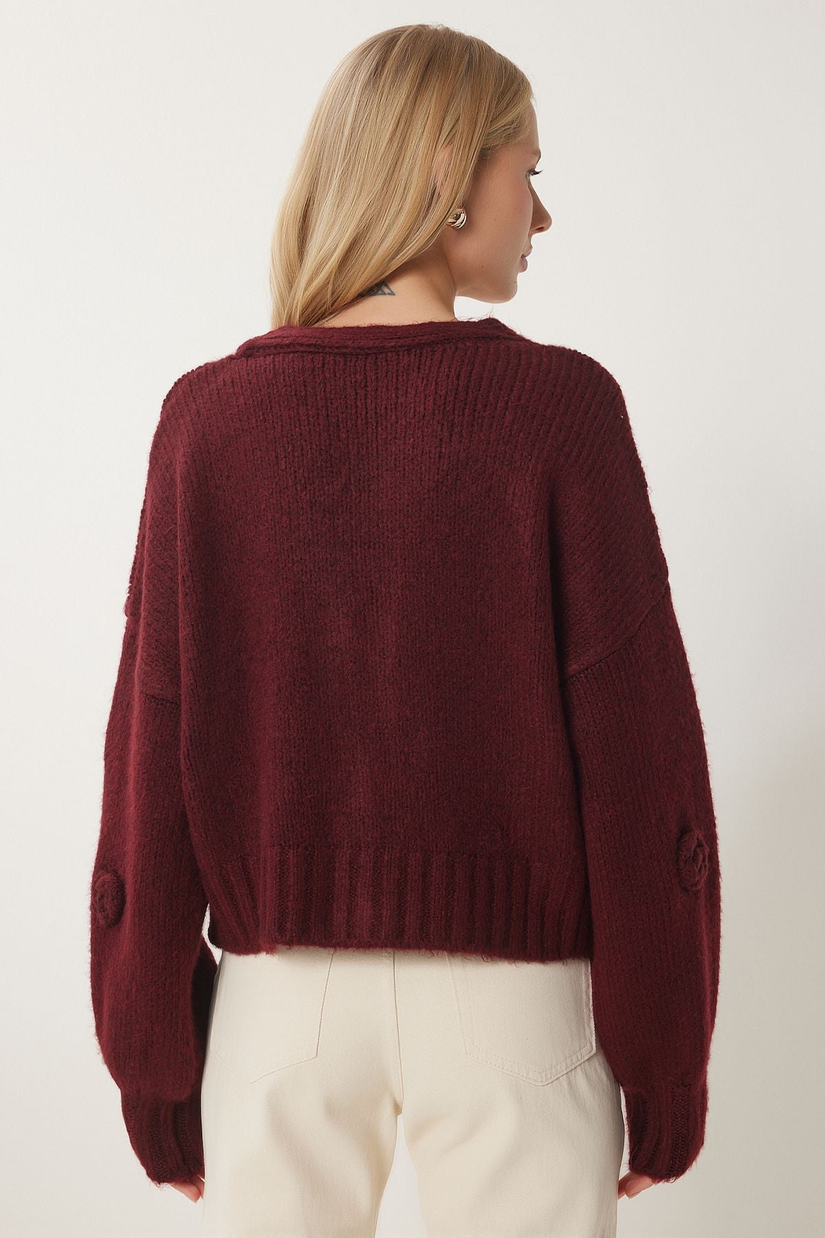 Bordo Ponpon Çiçek Detaylı Triko Hırka PF00078