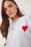 Gri Melanj Kalp Nakışlı Örme T-Shirt ZV00299