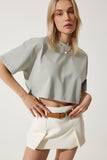 Taş Grisi %100 Pamuk Oversize Crop Örme T-Shirt BP00164