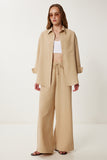 Bej Oversize Keten Gömlek Pantolon Takım WF00118