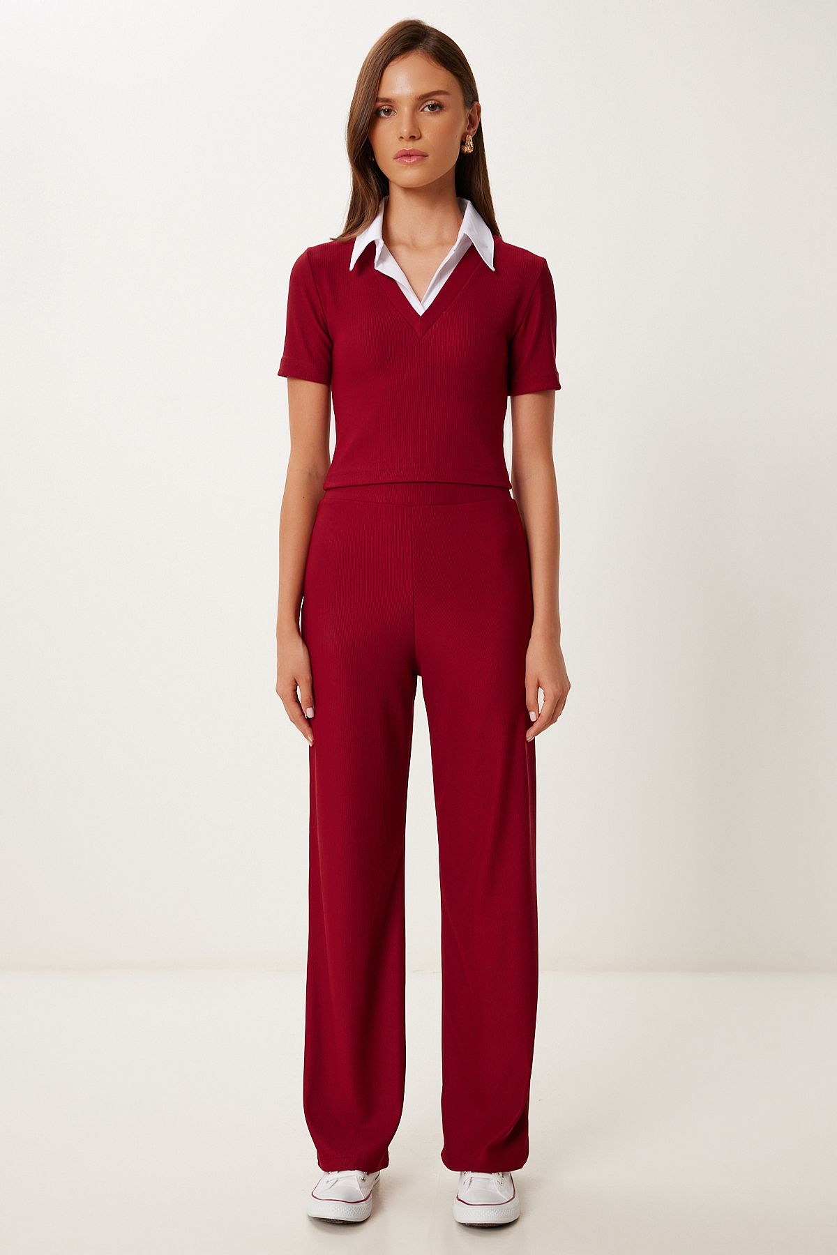Bordo Polo Yaka Esnek Fitilli Örme Takım ZH00054