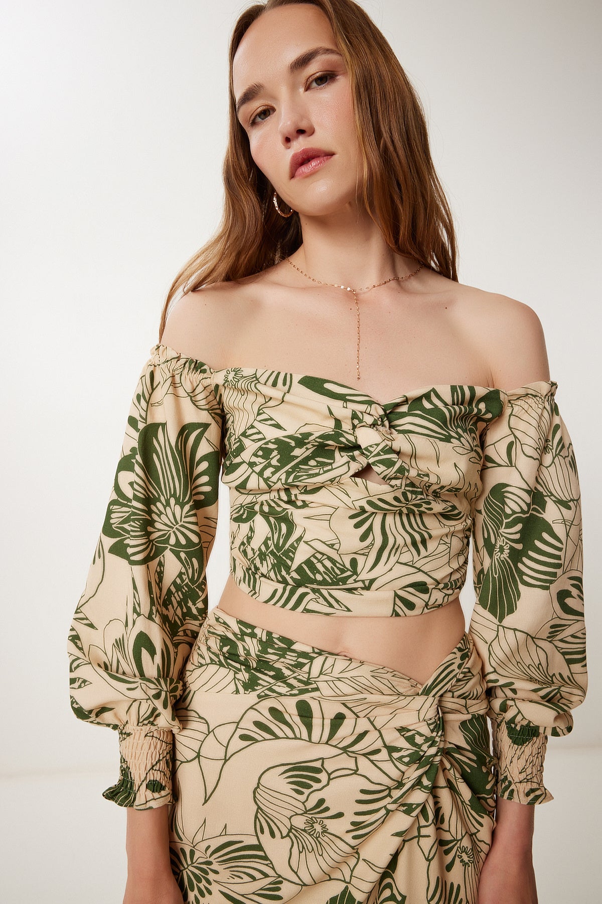 Bej Haki Desenli Keten Crop Etek Takım WF00148