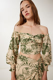 Bej Haki Desenli Keten Crop Etek Takım WF00148
