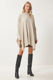 Krem Yandan Yırtmaçlı Oversize Panço Kazak YY00005