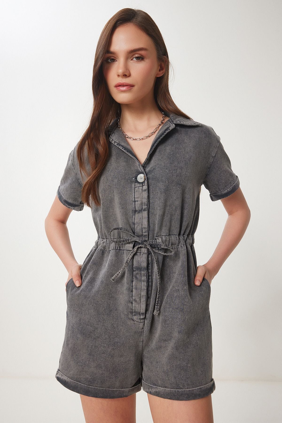 Antrasit Polo Yaka Yıkamalı Yazlık Gabardin Tulum RG00053