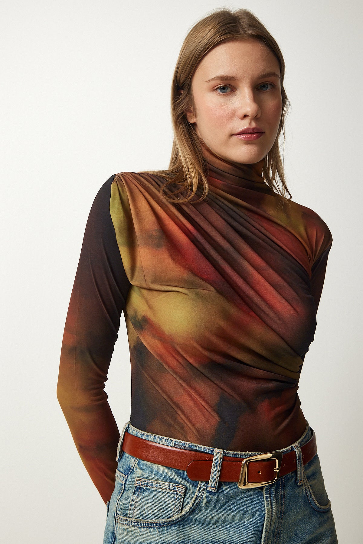 Kahverengi Drapeli Dik Yaka Sandy Bluz FF00138