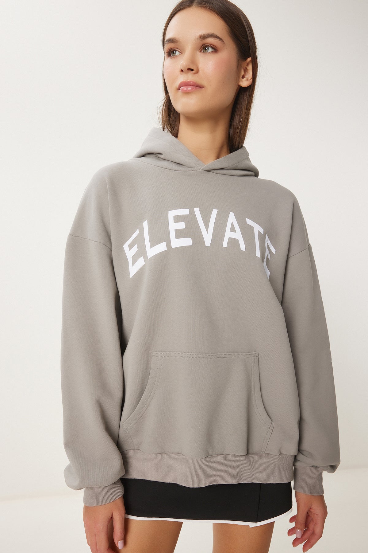 Gri Kapüşonlu Baskılı Oversize Örme Sweatshirt CE00095