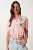 Pembe Beyaz Çiçek İşlemeli Çizgili Crop Dokuma Gömlek TP00095