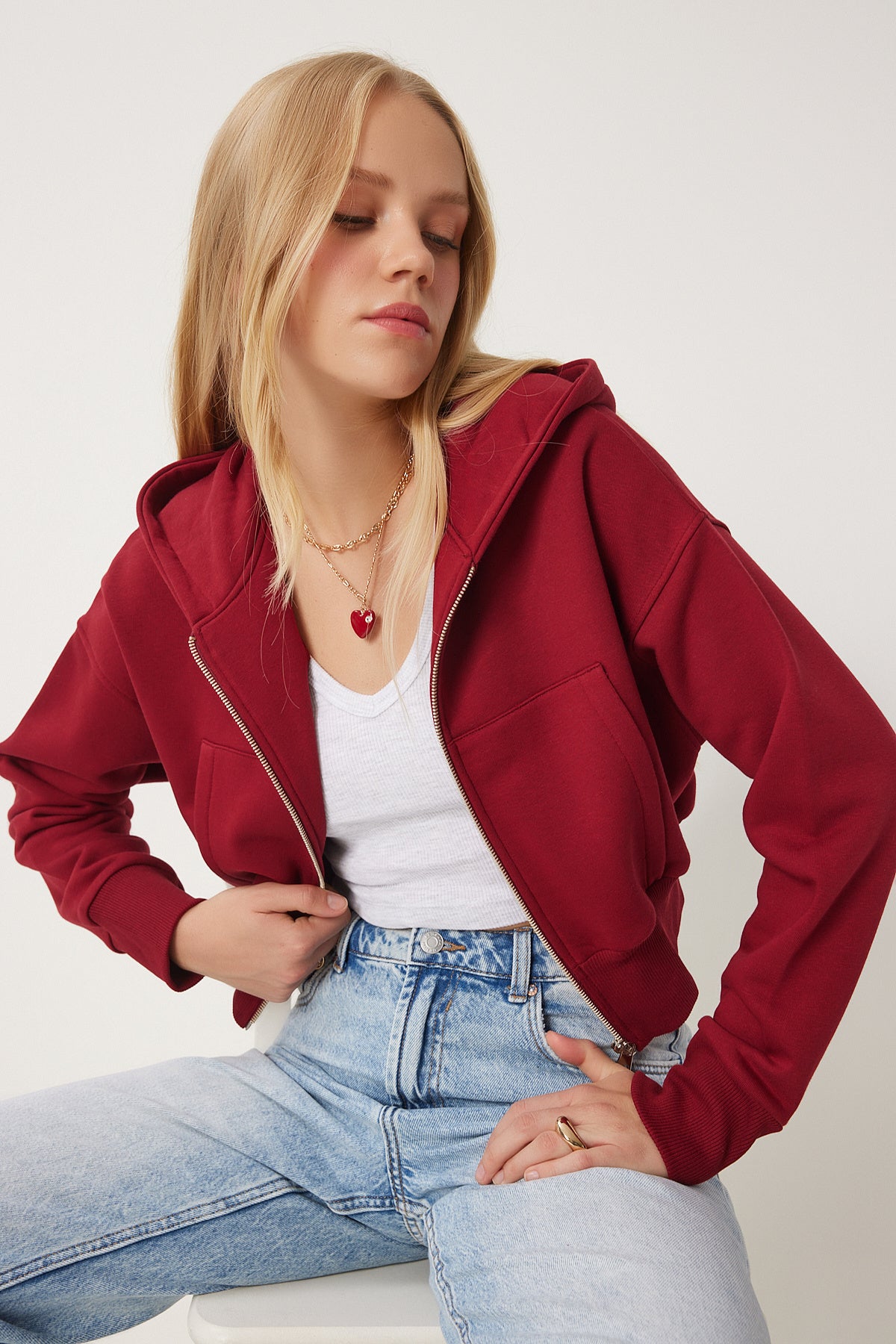 Bordo Kapüşonlu Şardonlu Fermuarlı Sweatshirt OW00051