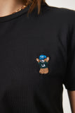 Siyah Ayıcık İşlemeli Pamuklu Örme T-Shirt CR00455