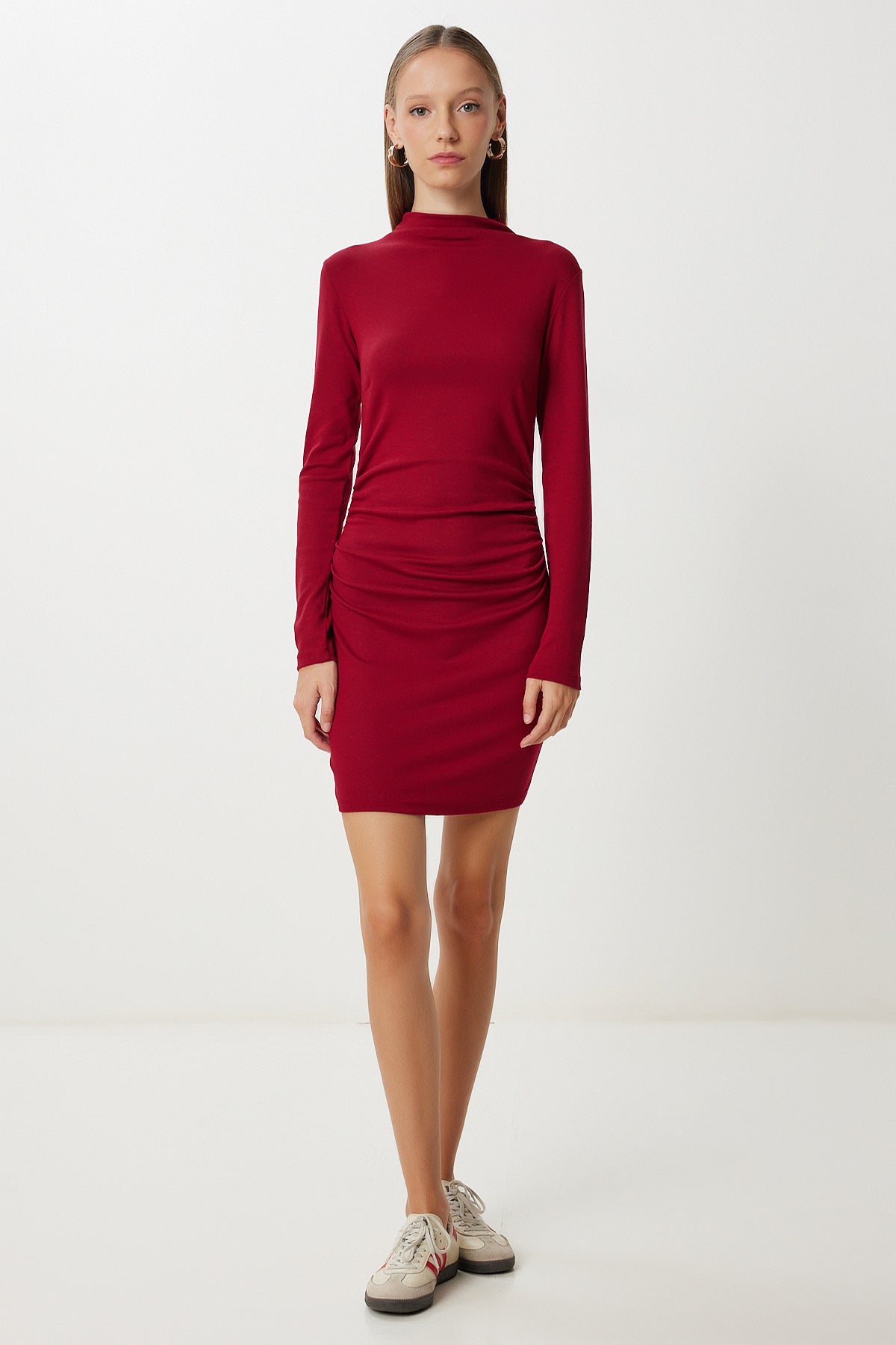 Bordo Büzgülü Esnek Mini Örme Elbise UB00474