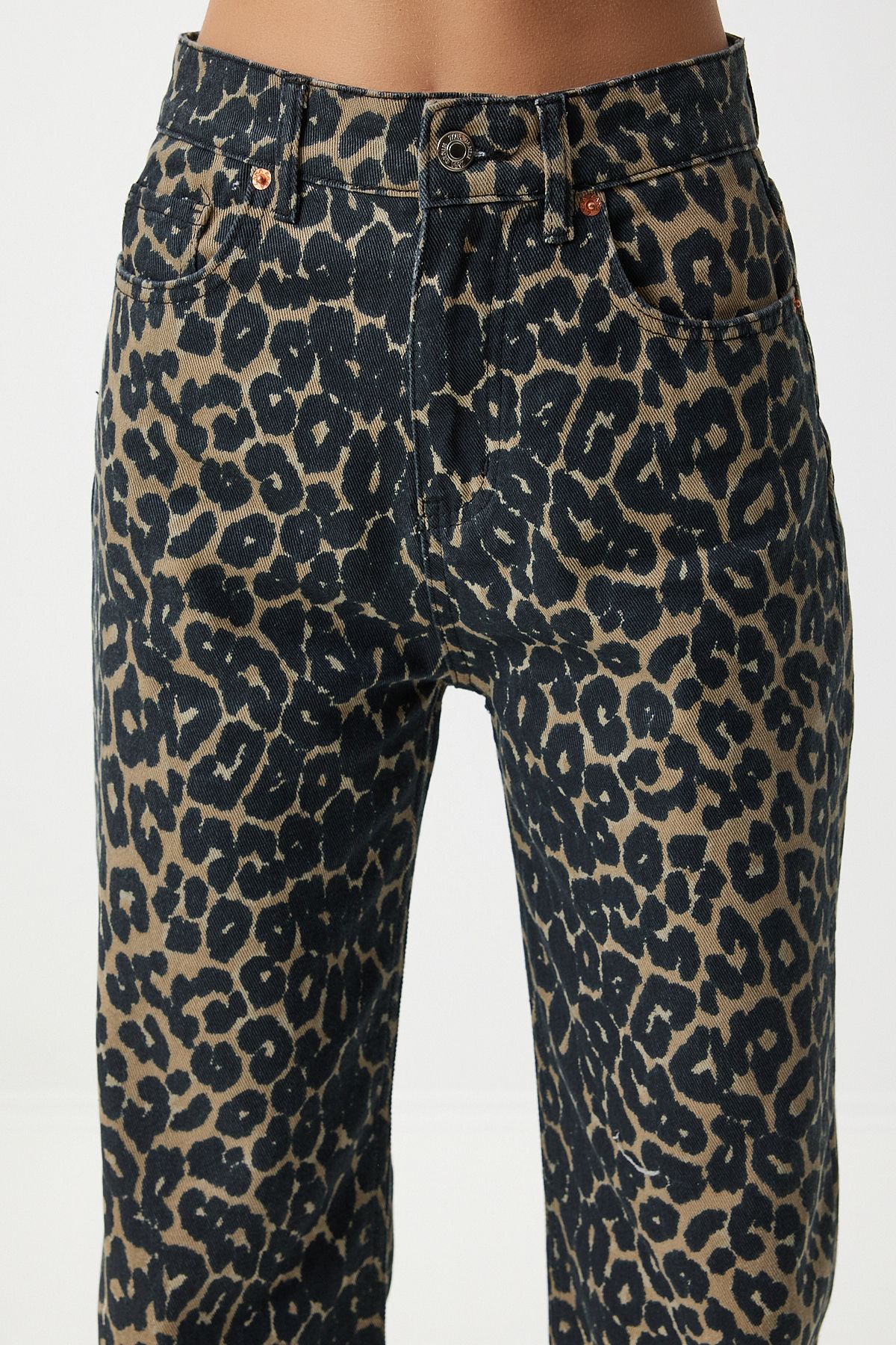 Siyah Kahverengi Leopar Desenli Straight Jeans UT00012