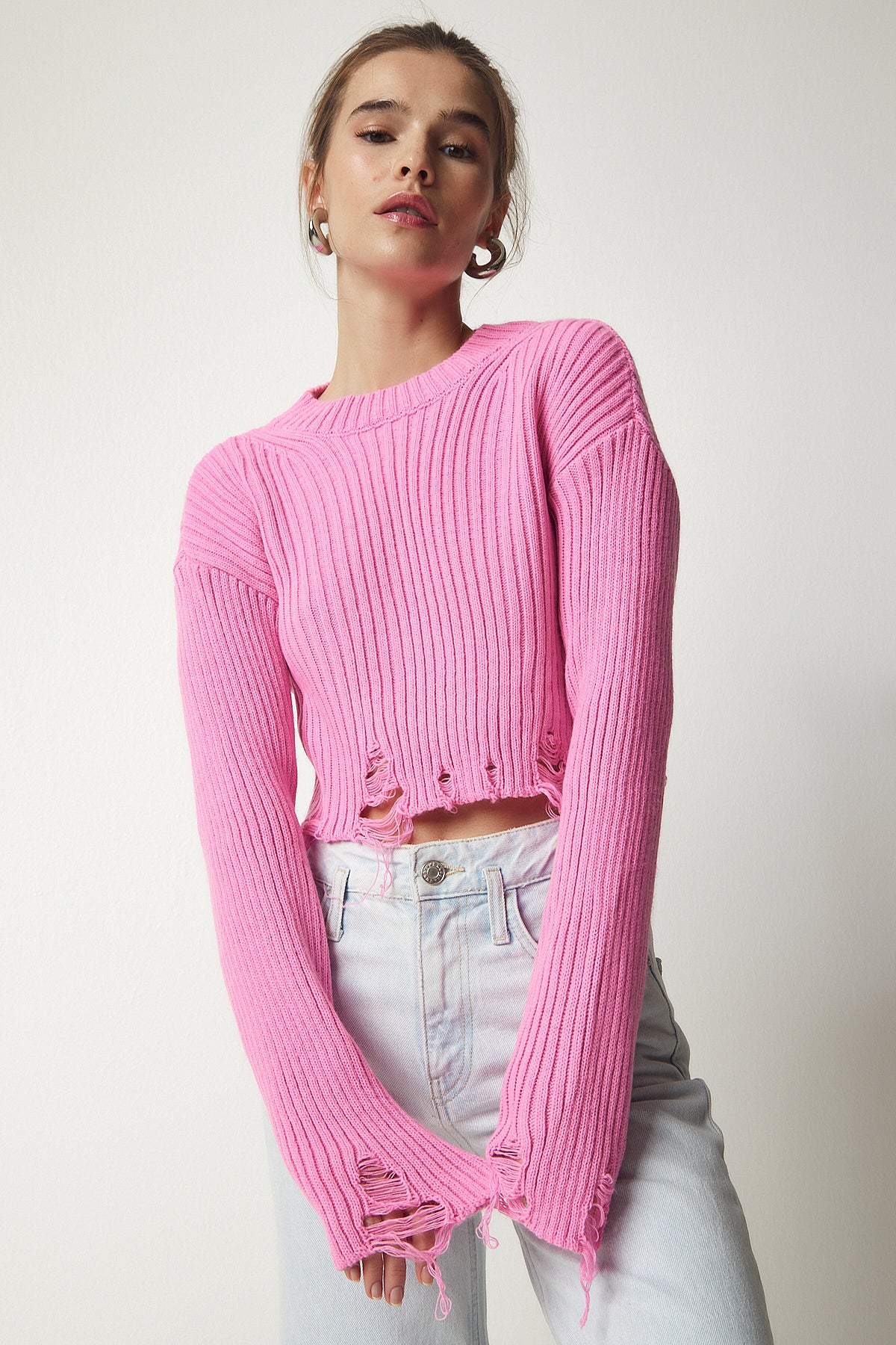 Pembe Yırtık Detaylı Triko Crop Kazak YY00181