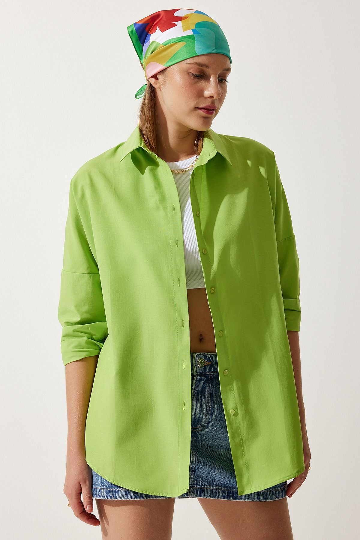 Fıstık Yeşili Oversize Uzun Basic Gömlek DD00842