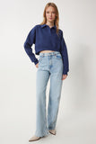 Lacivert Polo Yaka Şardonlu Crop Örme Sweatshirt HW00014