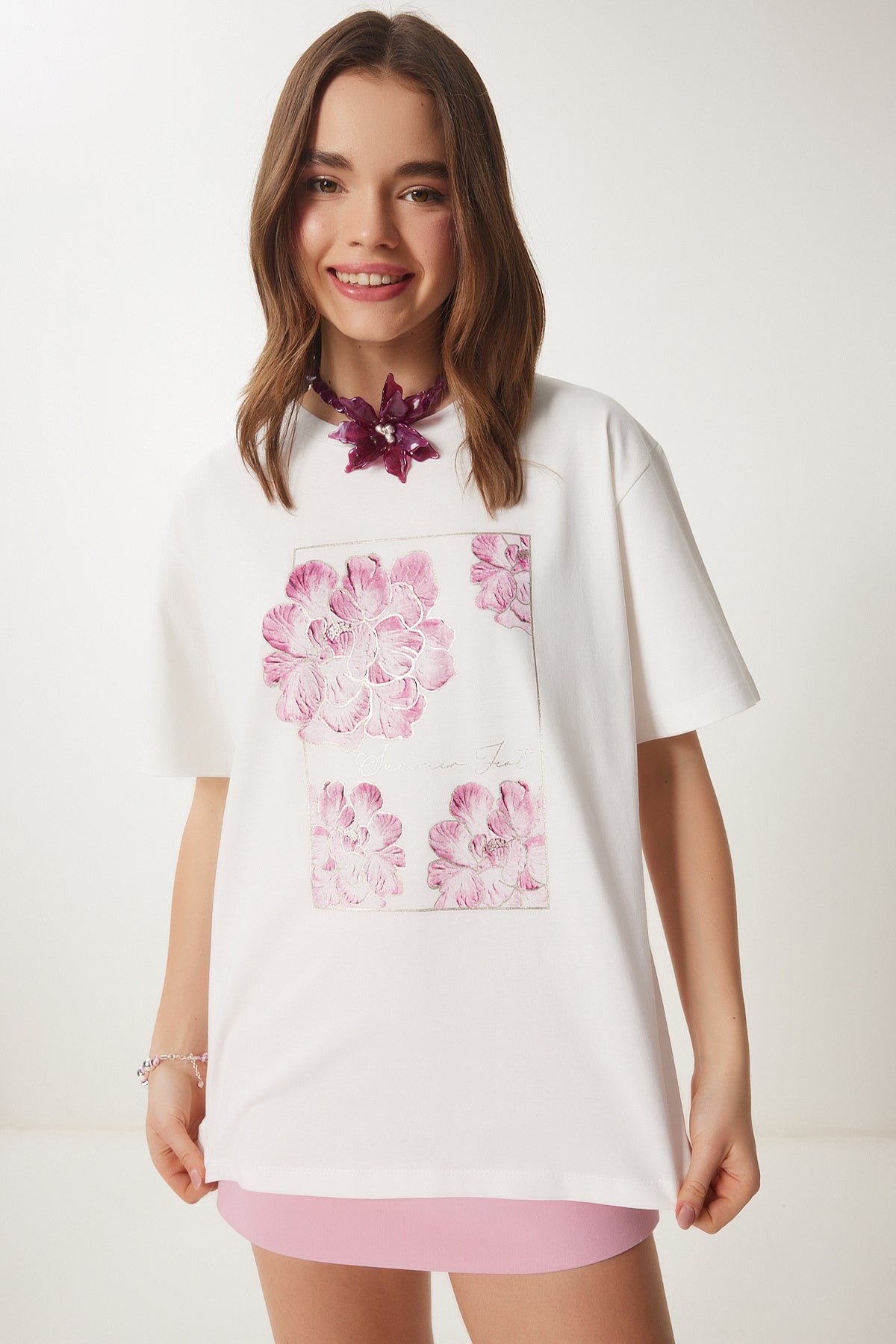 Ekru Baskılı Pamuklu Oversize Örme T-Shirt CR00456
