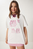 Ekru Baskılı Pamuklu Oversize Örme T-Shirt CR00456