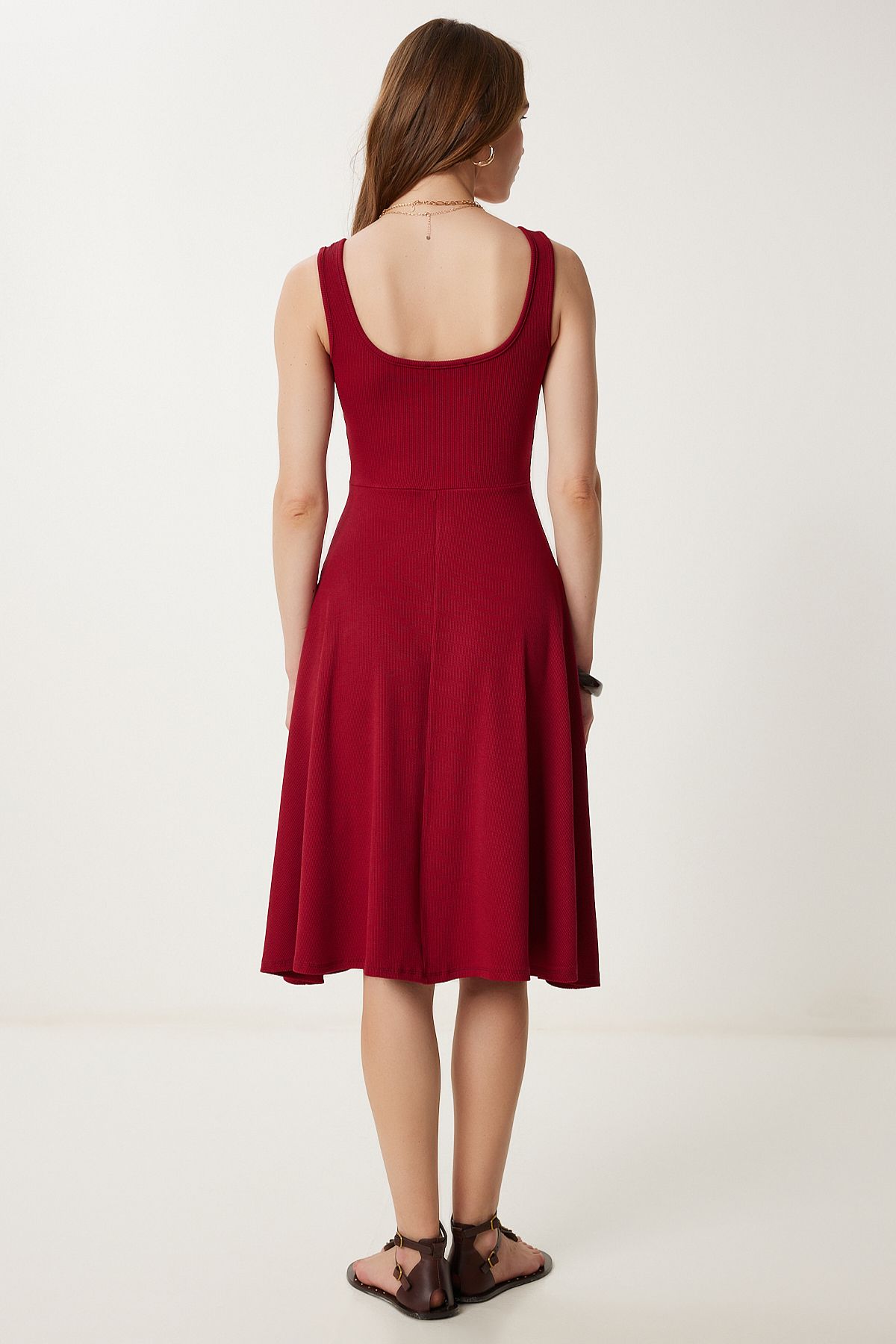 Bordo Askılı Yazlık Fitilli Örme Midi Elbise DZ00127