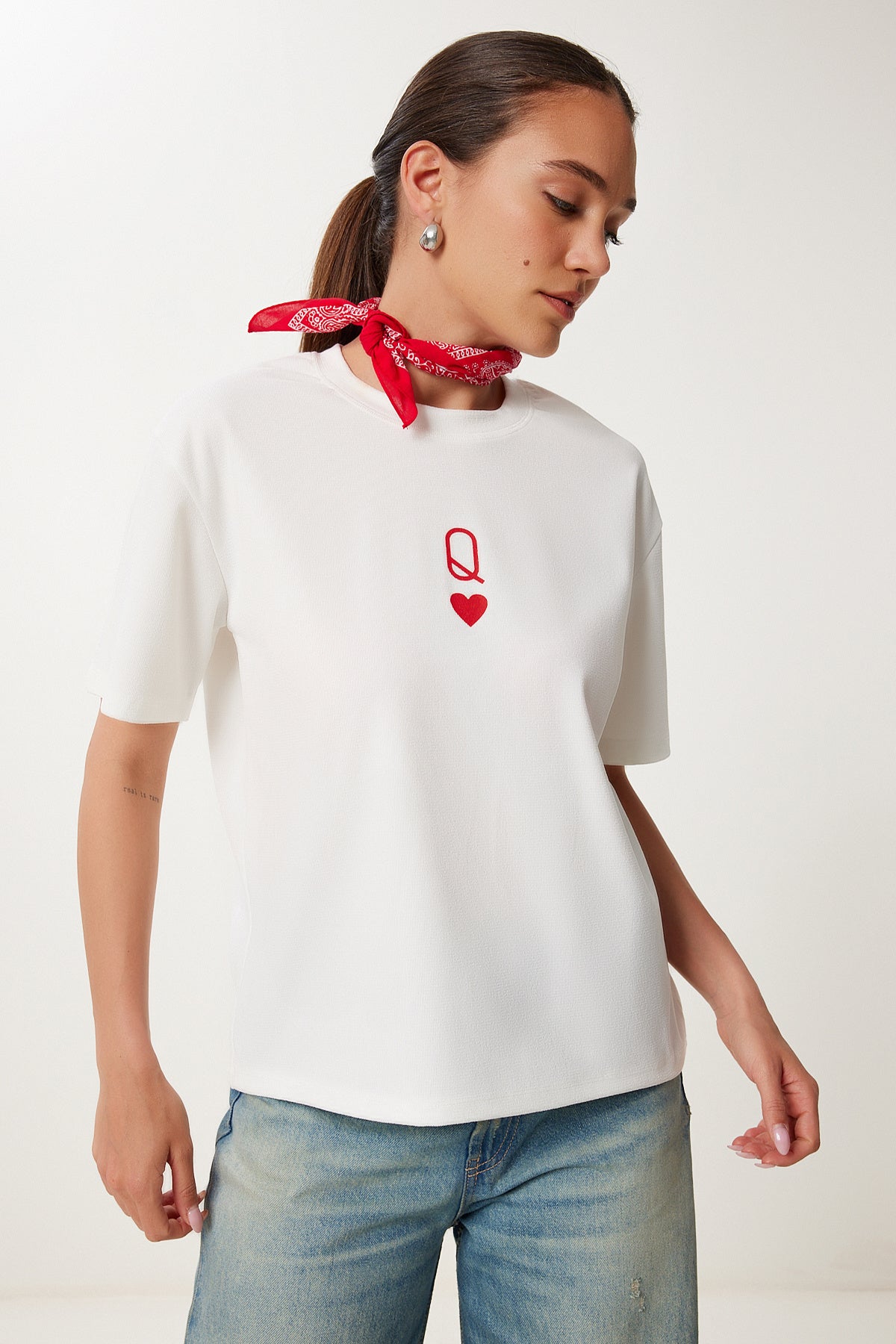 Ekru Baskılı Oversize Örme T-Shirt AN00245