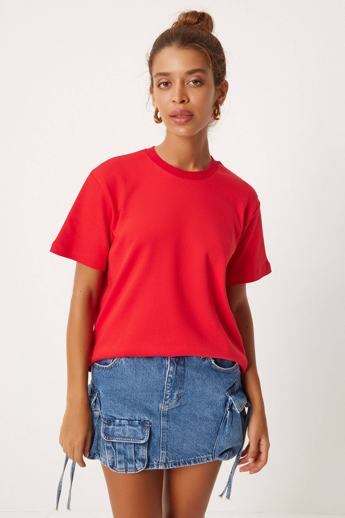 Kırmızı Bisiklet Yaka %100 Pamuk Penye T-Shirt FN03265