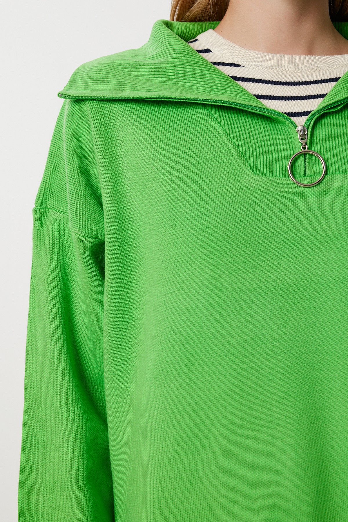 Fıstık Yeşili Fermuarlı Oversize Triko Kazak YY00263