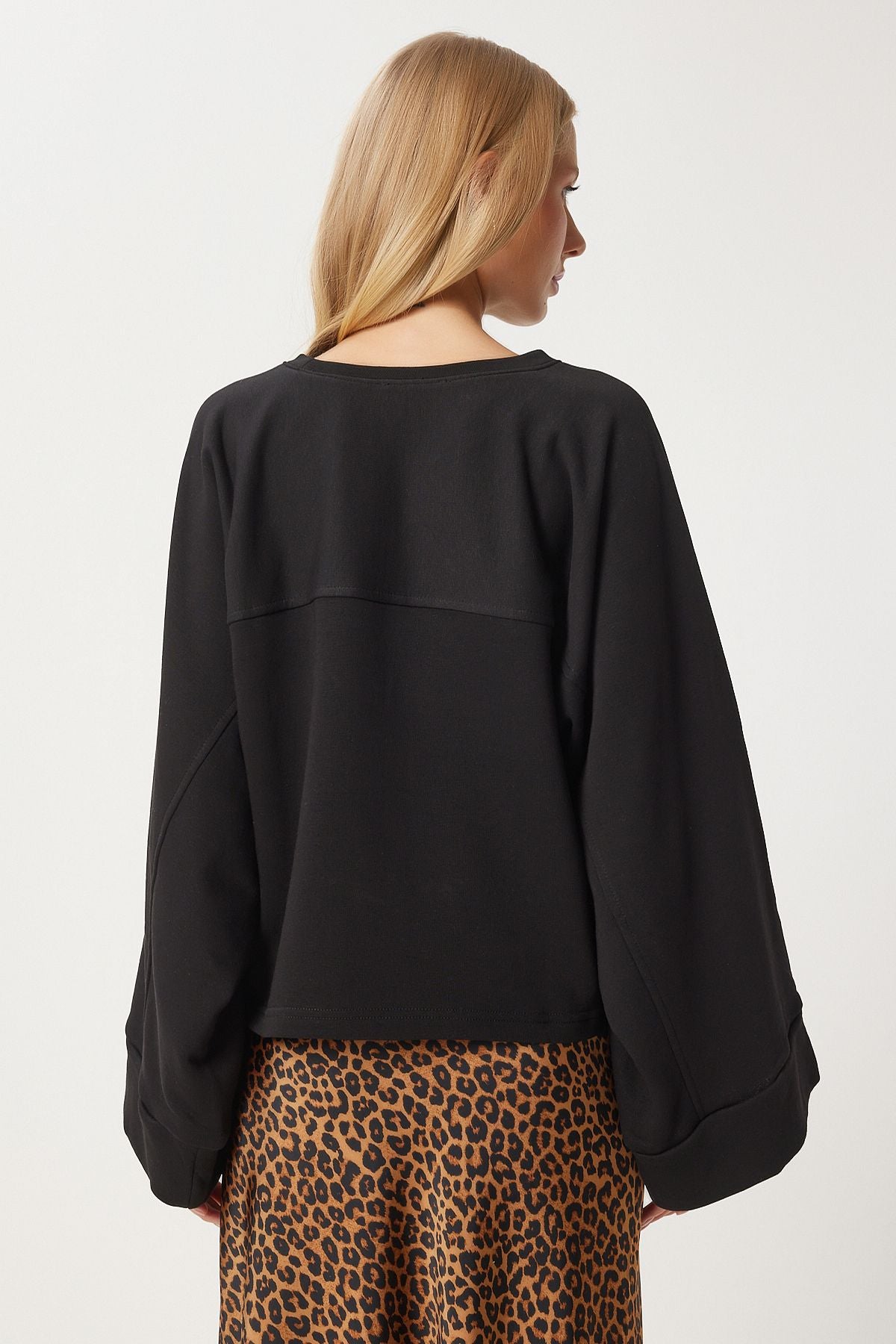 Siyah Geniş Kol Oversize Örme Sweatshirt  FN03334