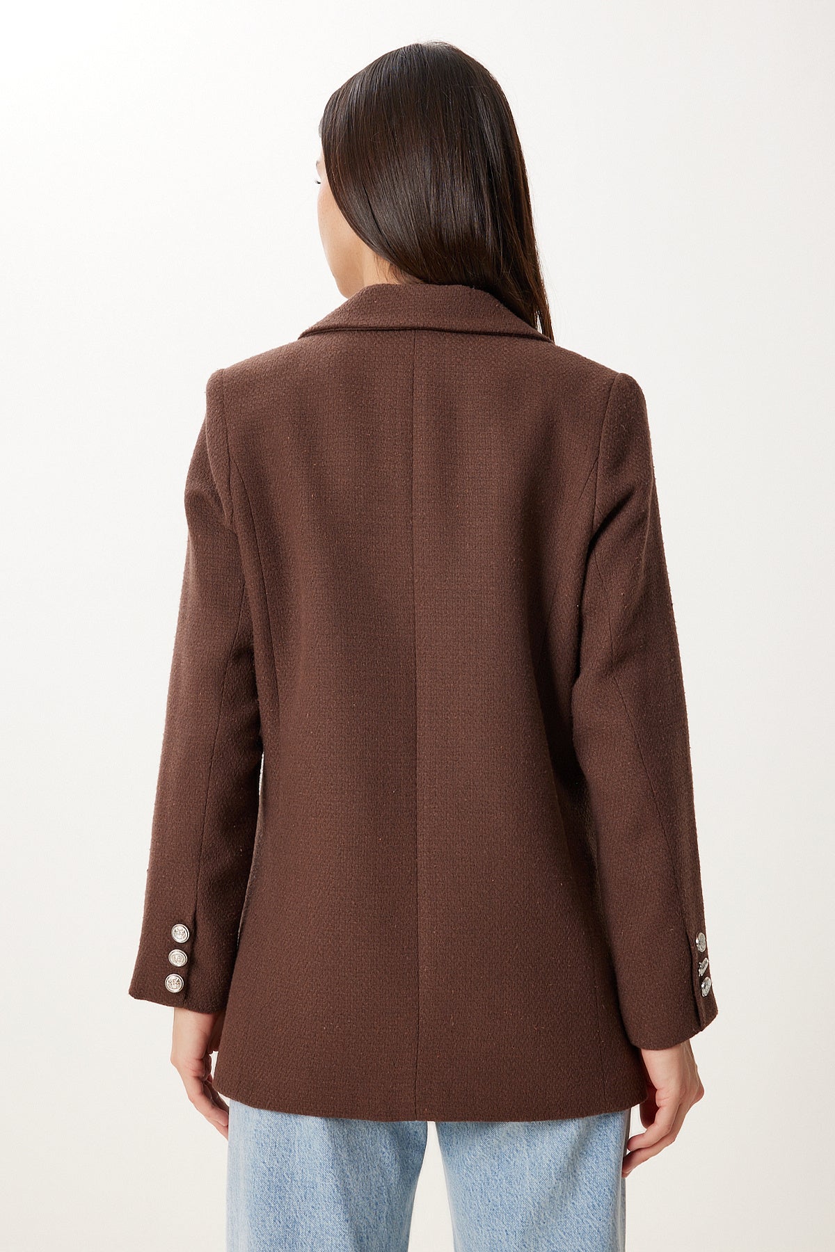 Kahverengi Vatkalı Şık Düğmeli Tüvit Blazer Ceket XL00005