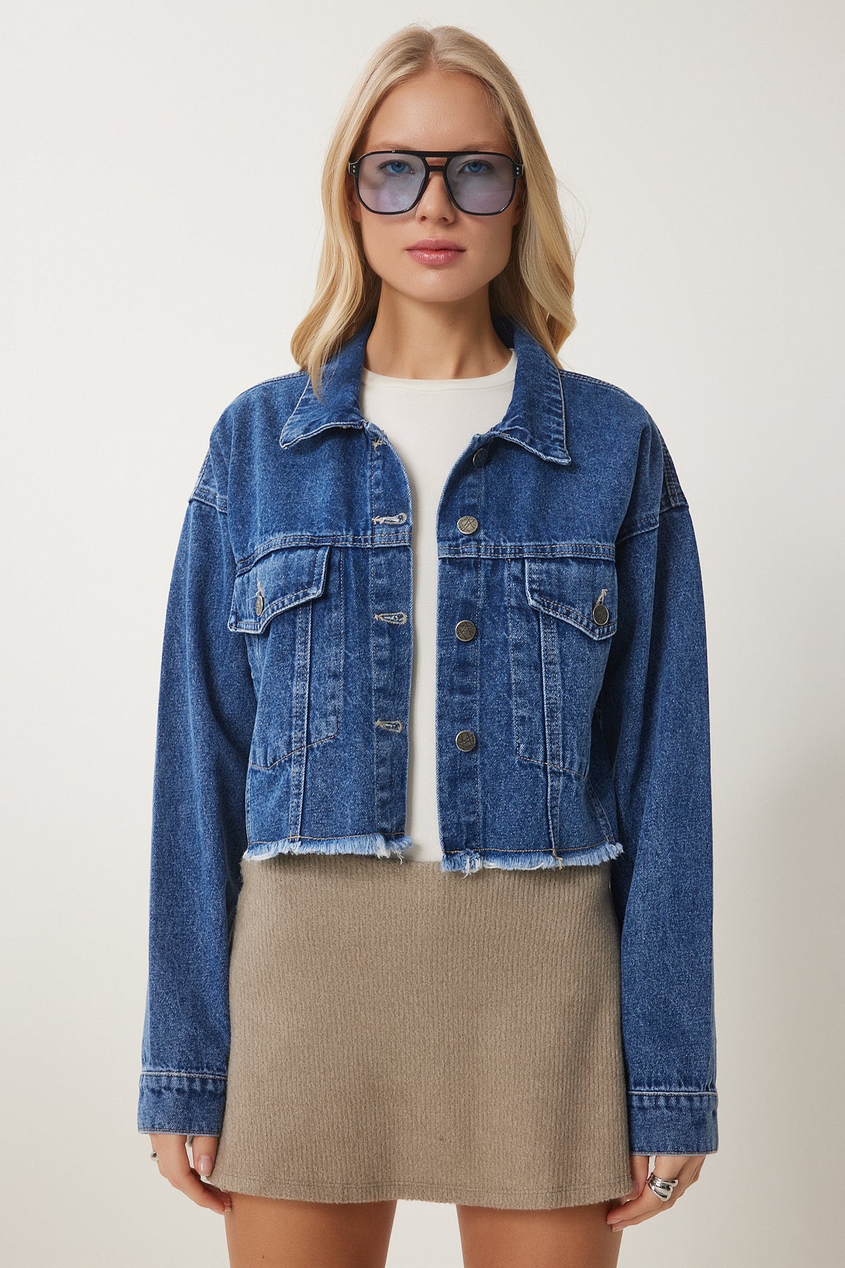 Mavi Püskül Detaylı Denim Crop Ceket AN00214