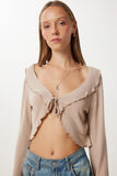 Bej Volanlı Mevsimlik Crop Triko Bluz UB00432