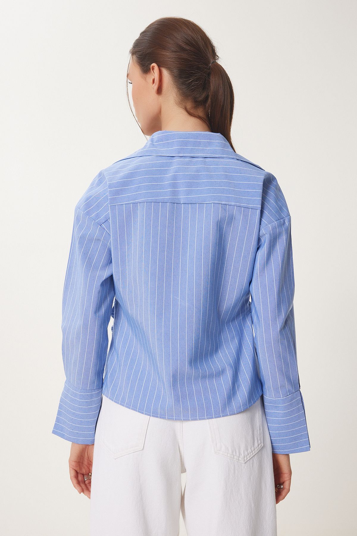 Mavi Gömlek Yaka Çizgili Anvelop Poplin Bluz DP00244