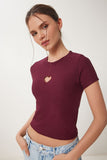 Bordo Kalp Nakışlı Fitilli Örme T-Shirt ZV00289