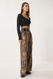 Bej Siyah Leopar Desenli Çift Kemerli Culatte Dokuma Pantolon FN03412