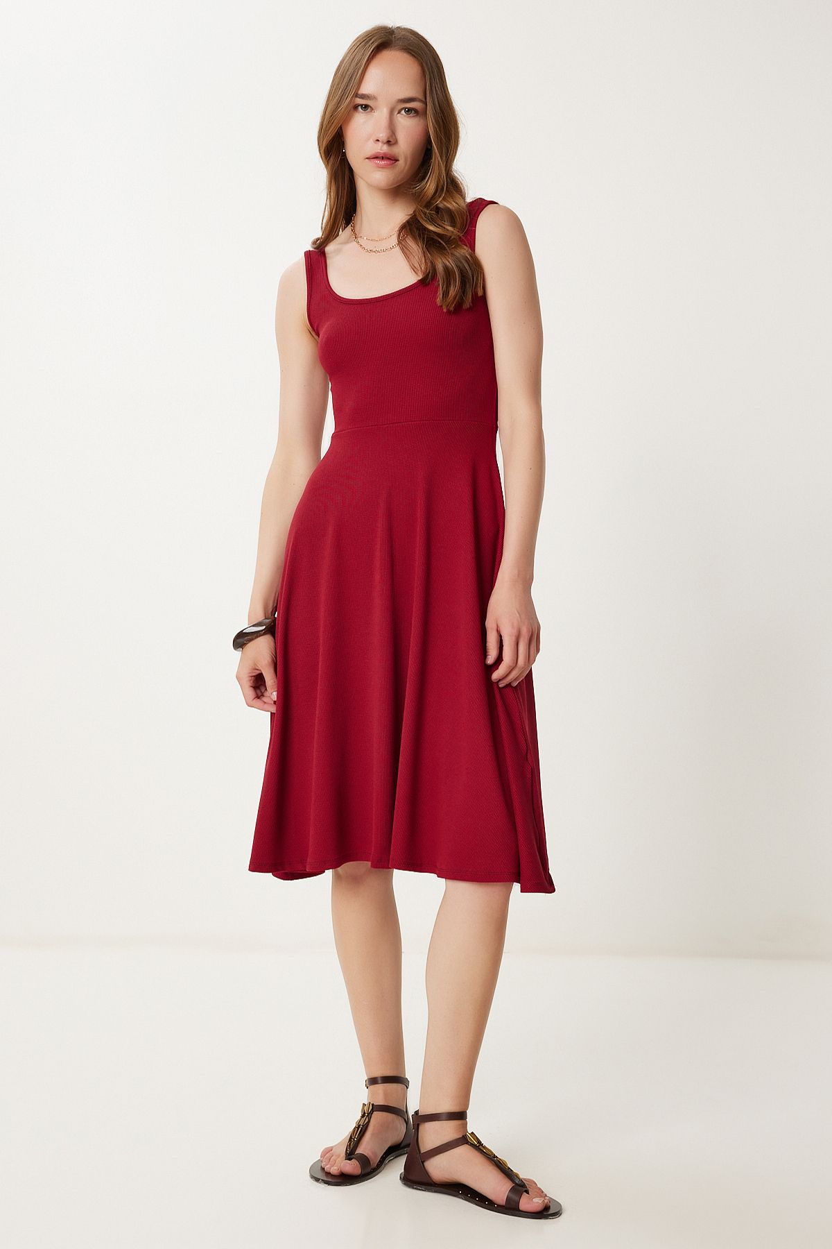 Bordo Askılı Yazlık Fitilli Örme Midi Elbise DZ00127