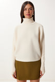 Krem Parmak Geçmeli Crop Fitilli Triko Kazak MX00238