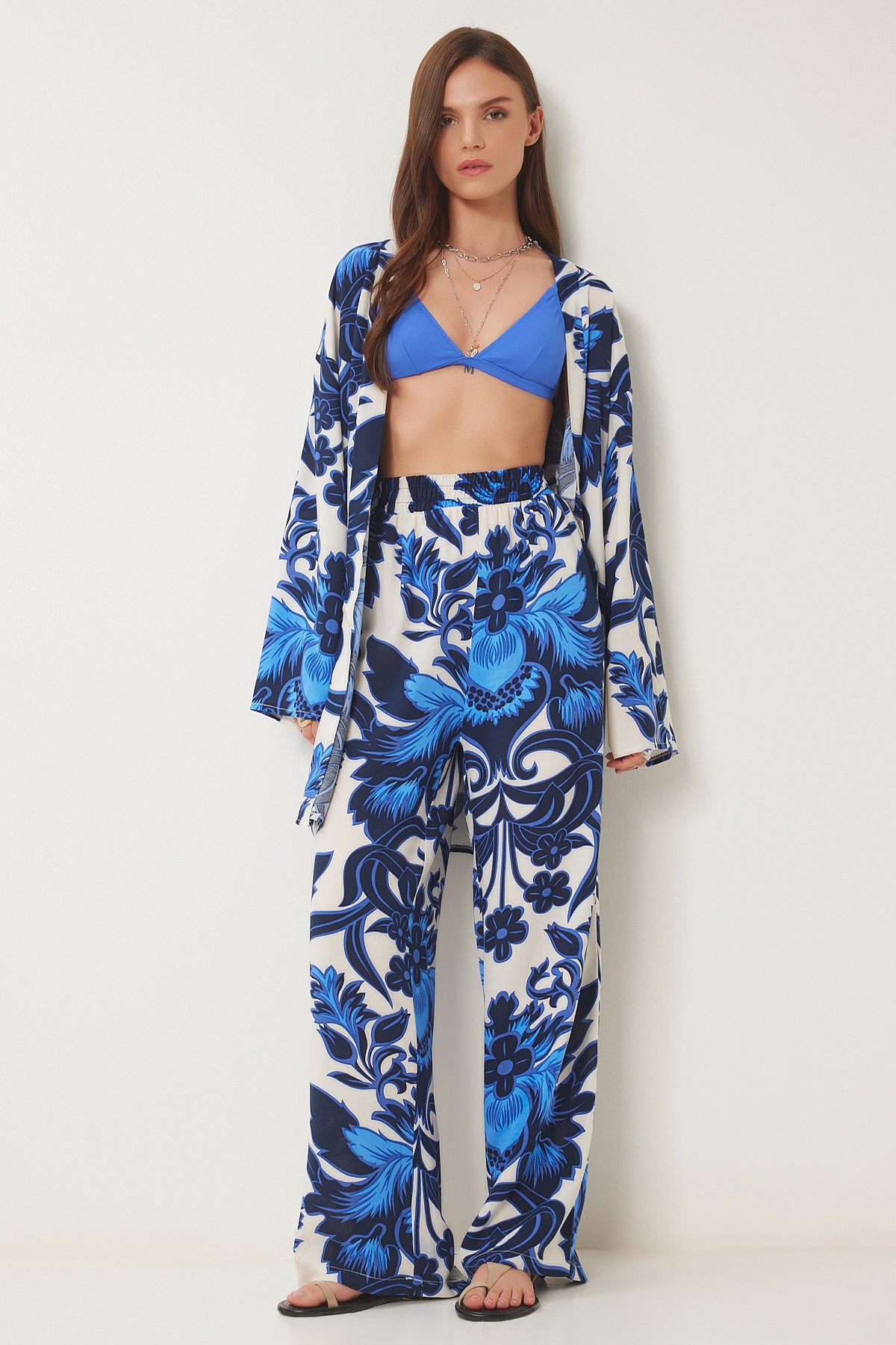 Mavi Kemik Desenli Viskon Kimono Pantolon Takım JE00002