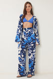 Mavi Kemik Desenli Viskon Kimono Pantolon Takım JE00002