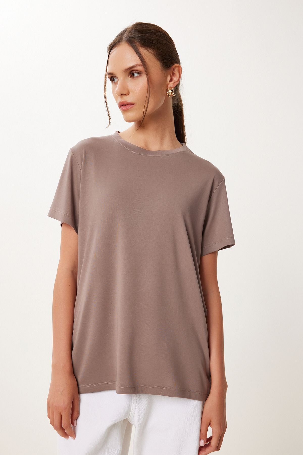 Vizon Kahverengi 2’Li Paket Basic Modal Örme T-Shirt FN03468