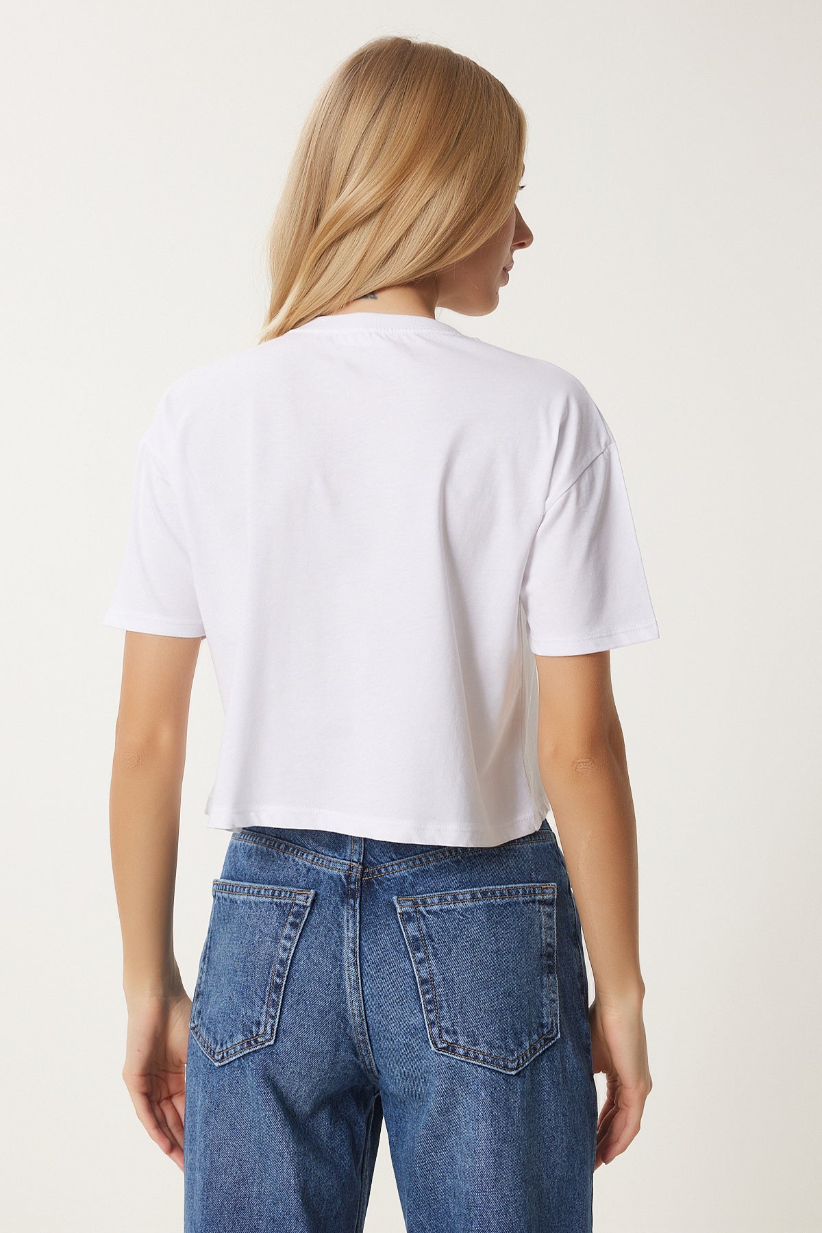 Beyaz Kalp Baskılı Pamuklu Kısa Örme T-Shirt AN00224