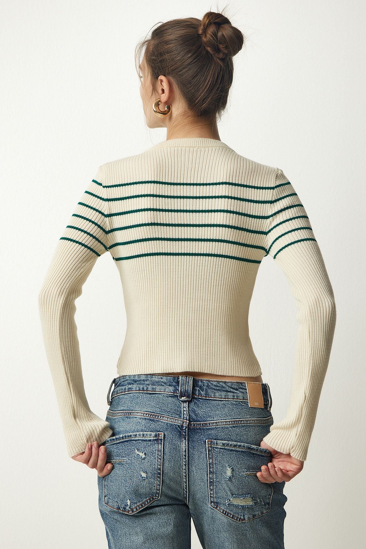 Krem Yeşil Düğmeli Yaka Fitilli Crop Triko Bluz NF00077