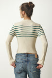 Krem Yeşil Düğmeli Yaka Fitilli Crop Triko Bluz NF00077