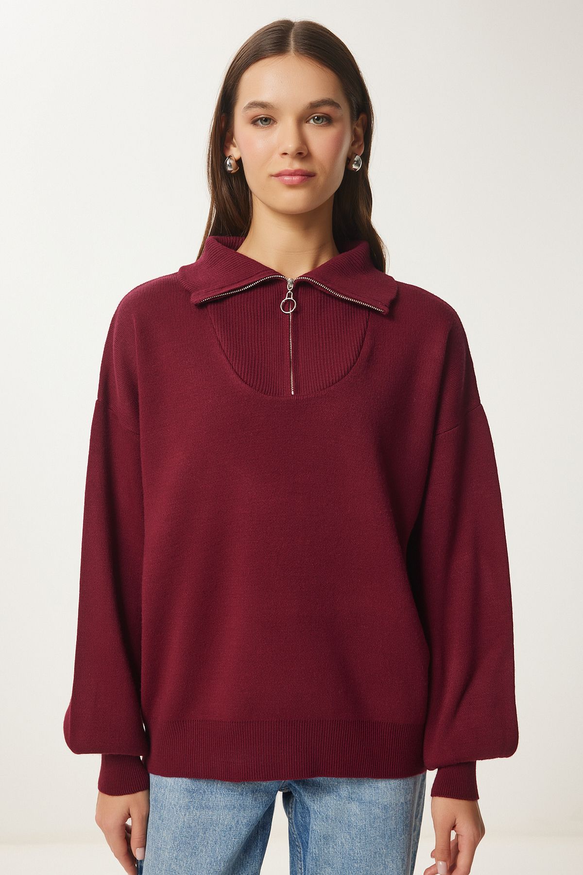Bordo Fermuarlı Yaka Basic Triko Kazak PF00007