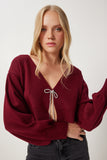 Bordo Taşlı Fiyonk Bağlamalı Crop Triko Hırka Kİ00110