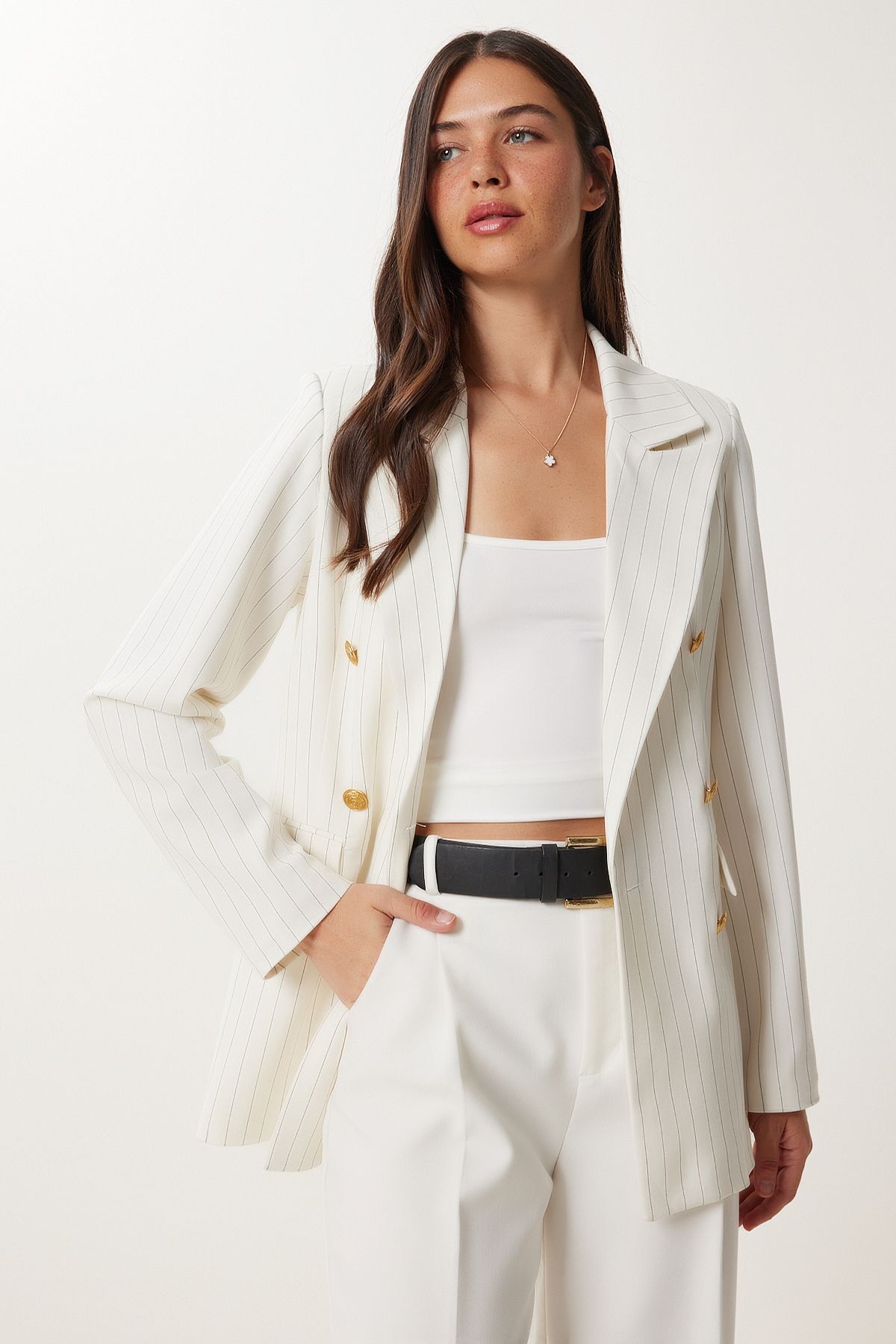 Ekru Vatkalı Çizgili Dokuma Blazer Ceket XL00002